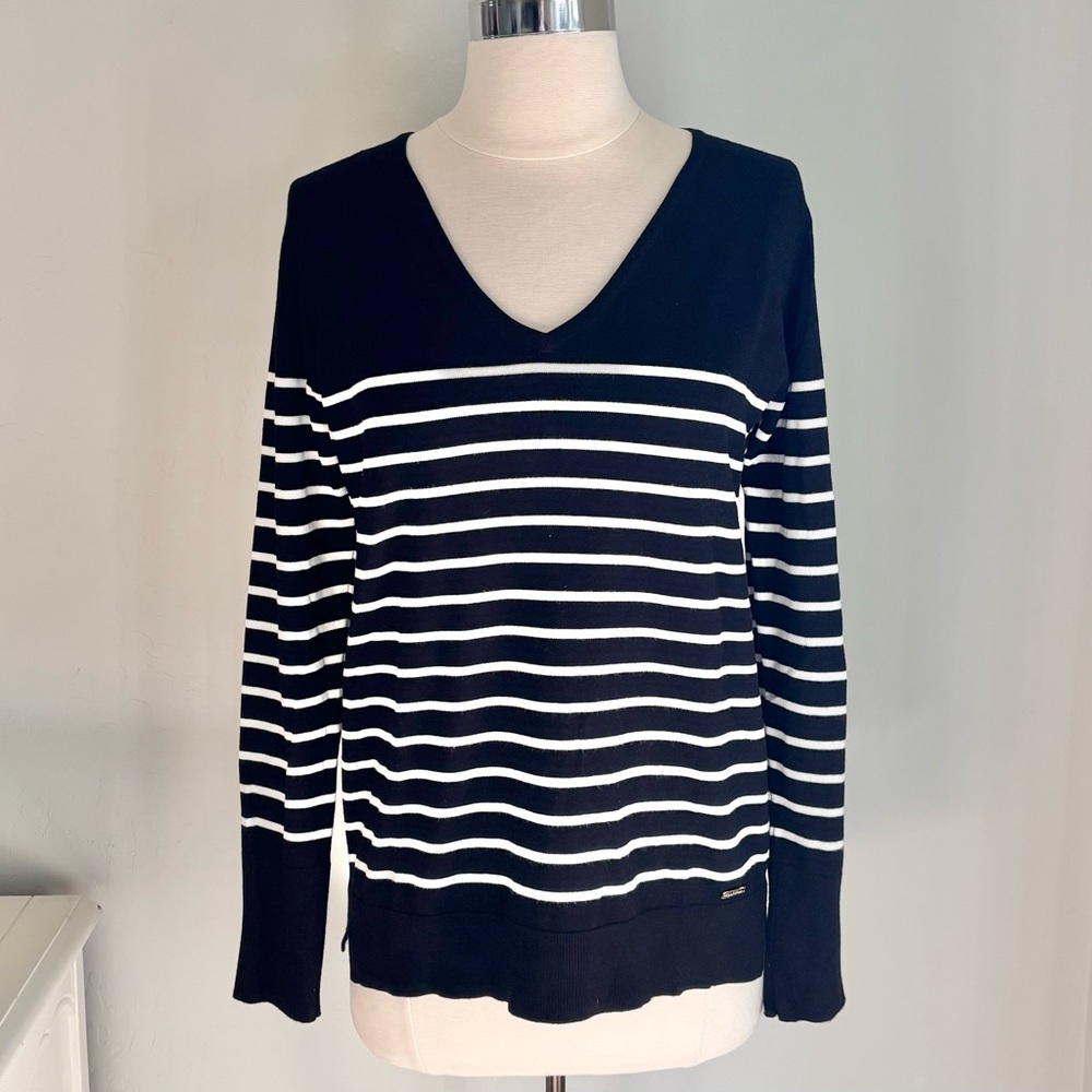 Calvin Klein Black & White Striped V-neck Colorblock Sweater, Size S